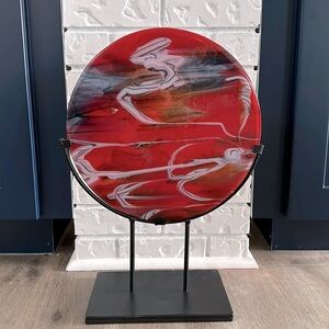 Circular Art Glass Monument in Red with Stand for Home/Office/Staging/Etc